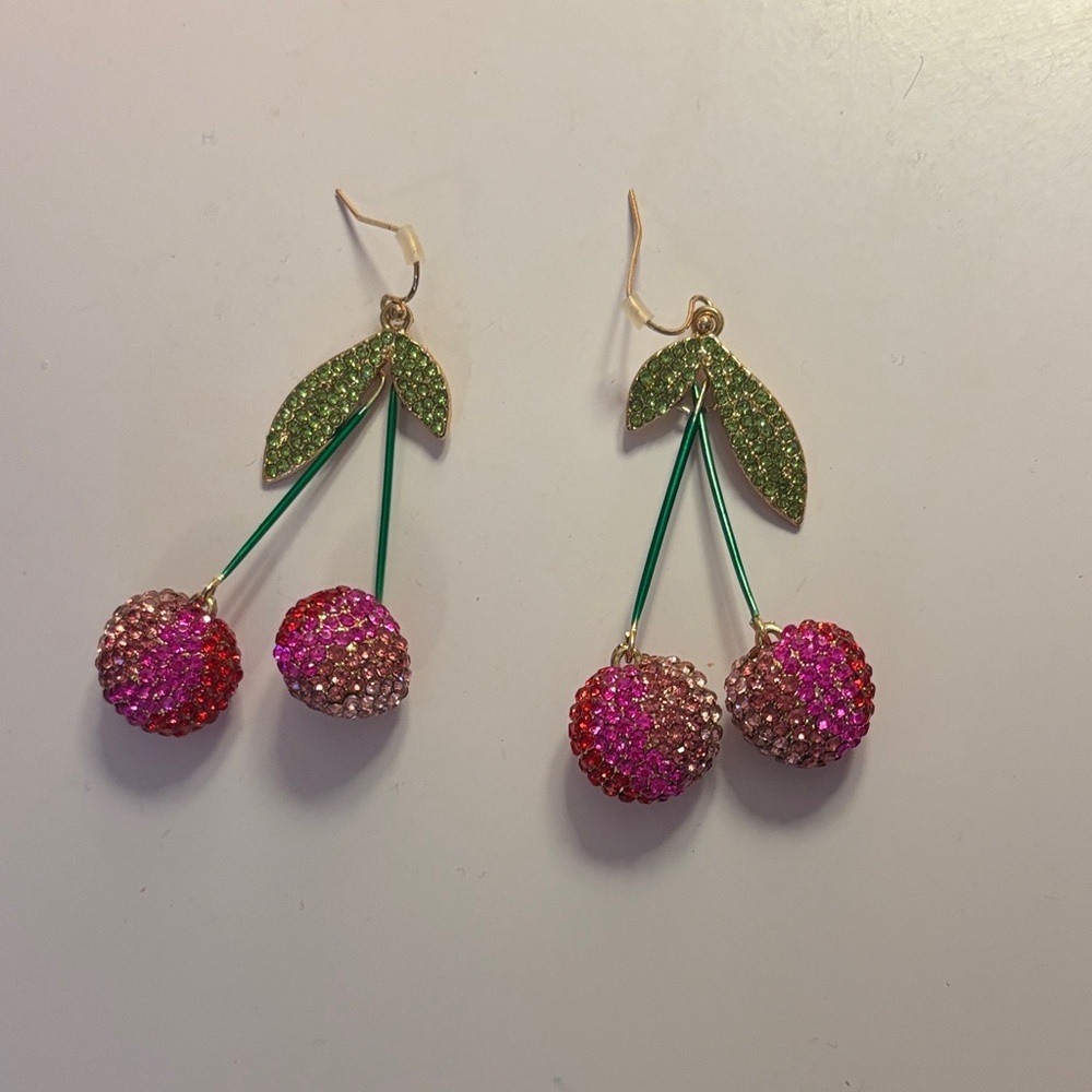 Cherry Design Earrings with Pink and Green Crystals